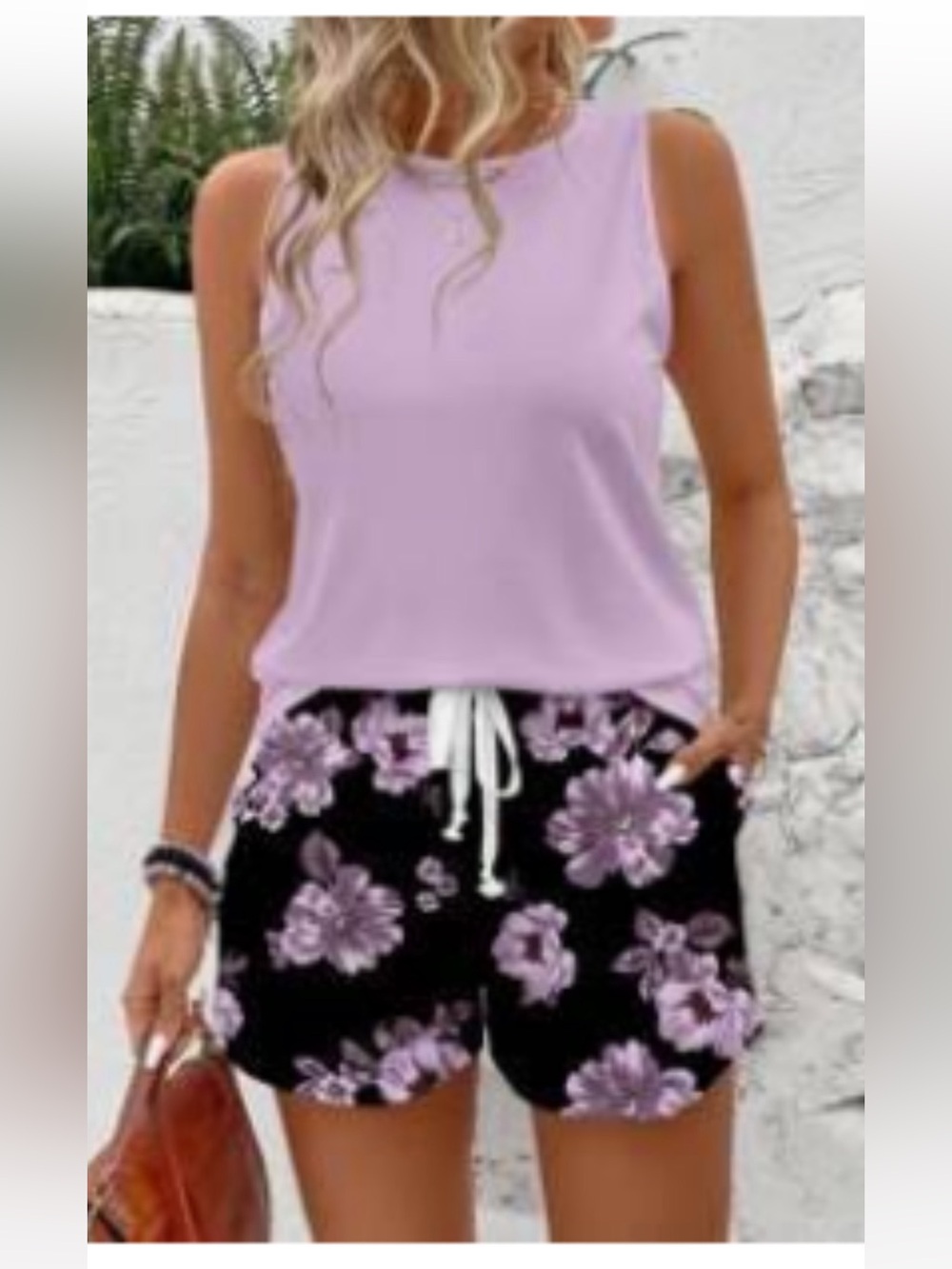 Set Lilac Tank Top with Matching Black & Lilac Floral Shorts